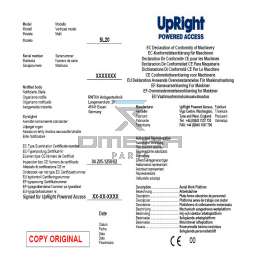 UpRight / Snorkel 060572-190 CE certificate SL20