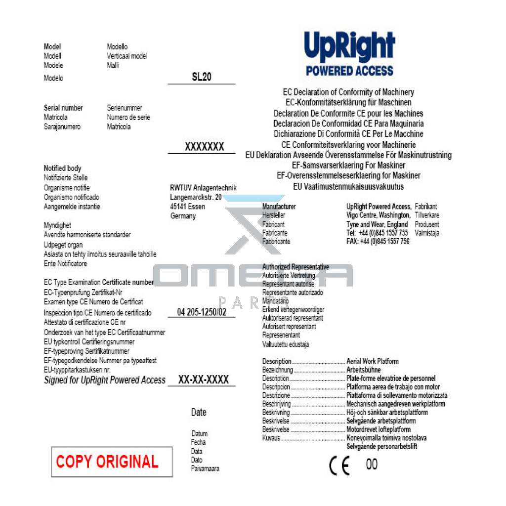UpRight / Snorkel 060572-190 CE certificate SL20
